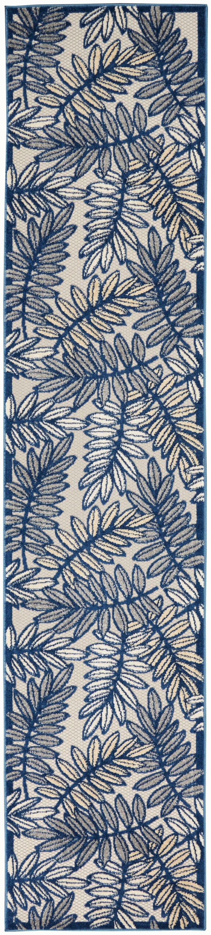 Navy fern pattern rectangular runner rug on beige background with dark teal border.