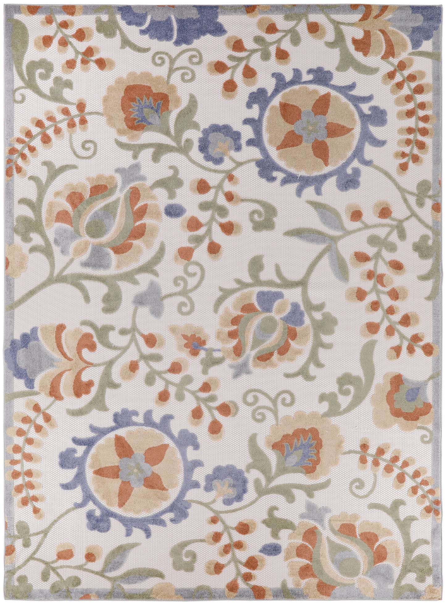 Colorful floral patterned area rug with blue, orange, green blooms and scrolling vines on ivory background.