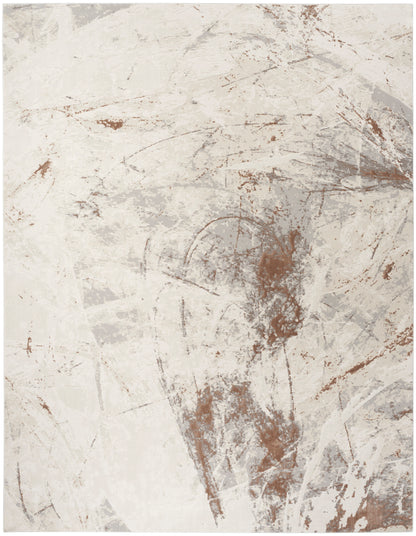 Abstract textured rug in ivory, gray and rust-brown with rough brushstrokes.