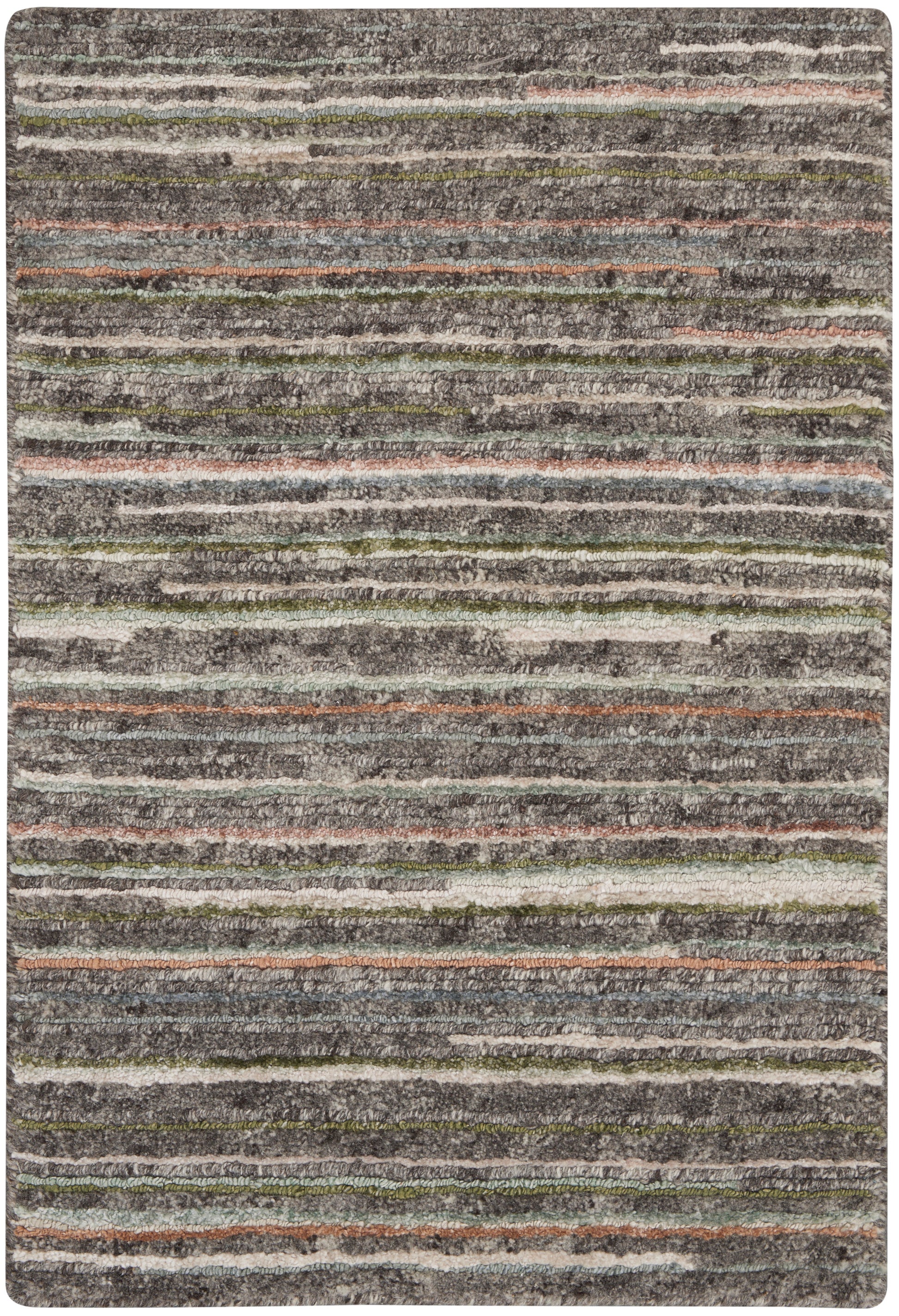 Shaggy striped rug in muted grays with olive, peach and blue accents; rectangular, cozy living-room floor covering.
