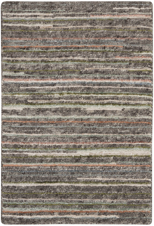 Shaggy striped rug in muted grays with olive, peach and blue accents; rectangular, cozy living-room floor covering.
