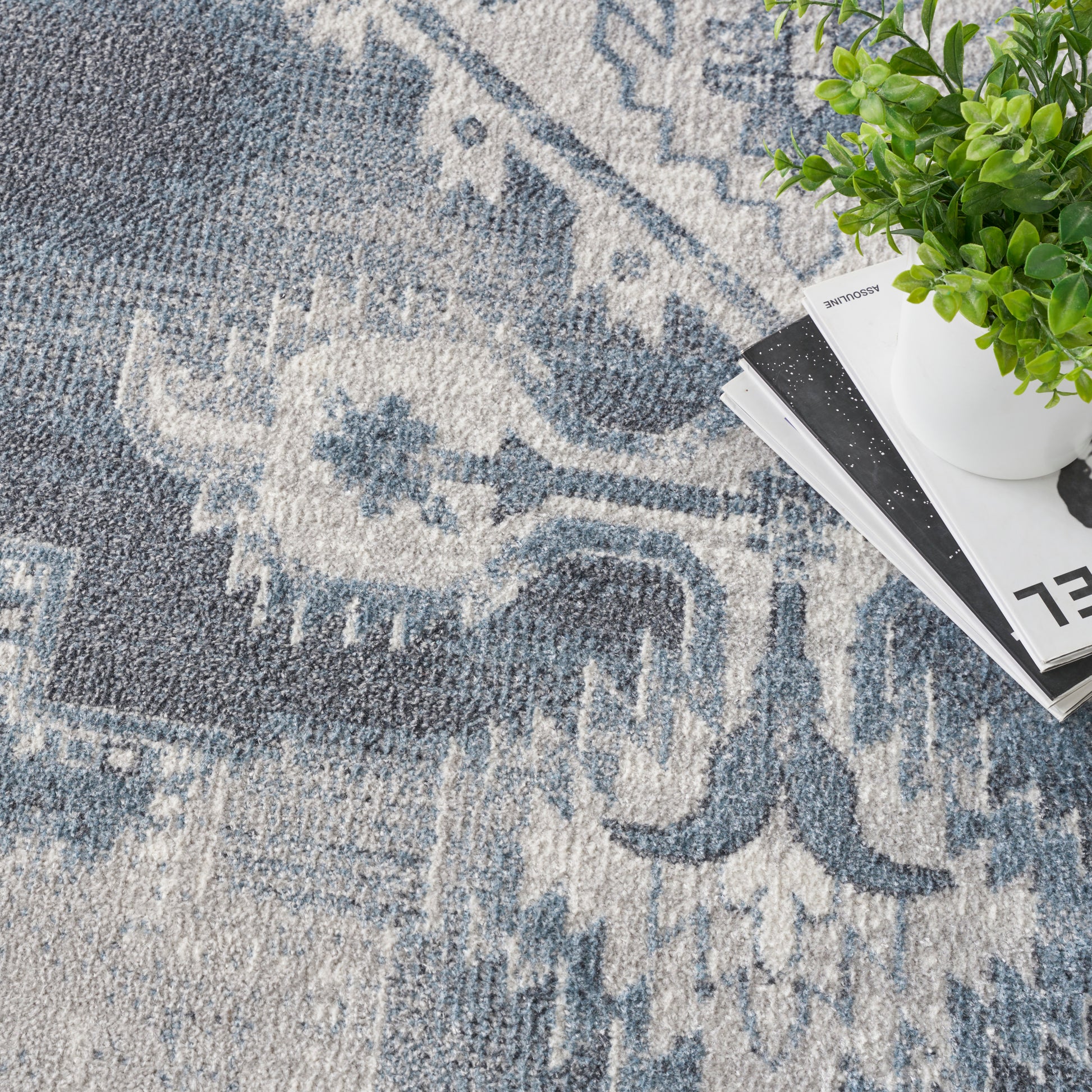 Blue and cream damask-patterned area rug with a soft textured pile; magazines and a green potted plant rest on the edge.