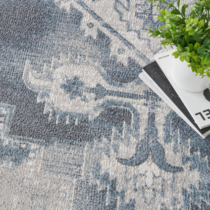 Blue and cream damask-patterned area rug with a soft textured pile; magazines and a green potted plant rest on the edge.