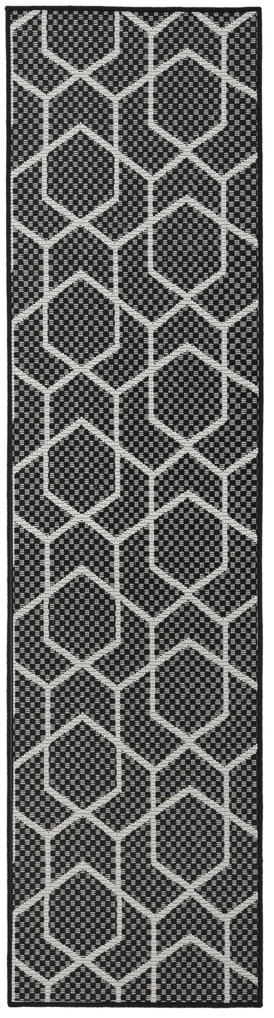 Black rug runner with white hexagon lattice pattern and dotted inner texture.