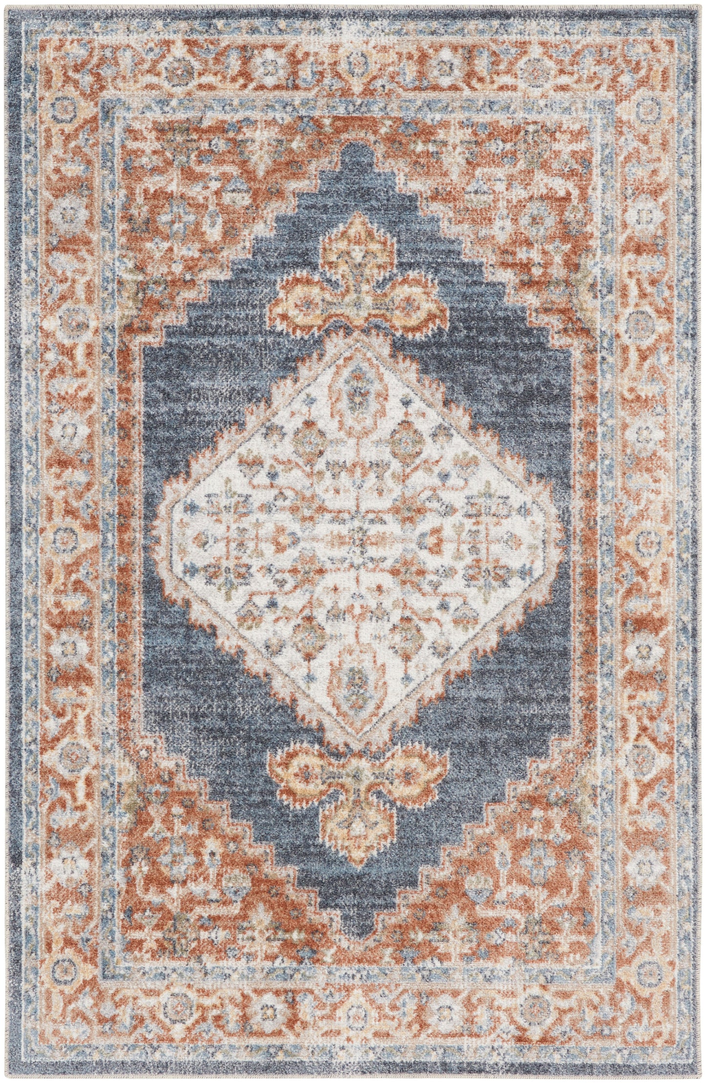 Persian-inspired area rug in orange and blue with ivory diamond center and floral border.