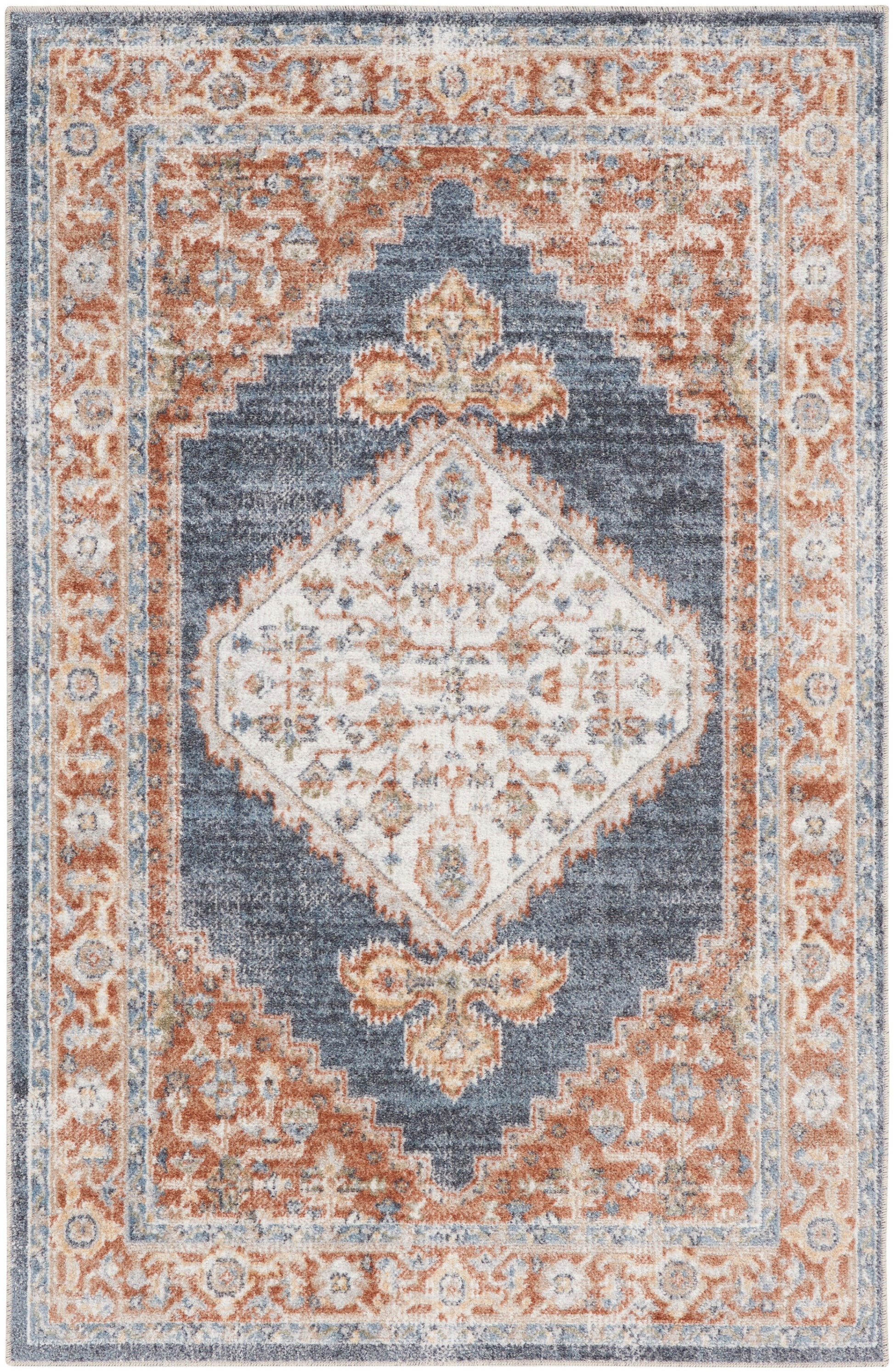 Persian-inspired area rug in orange and blue with ivory diamond center and floral border.