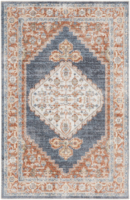 Persian-inspired area rug in orange and blue with ivory diamond center and floral border.
