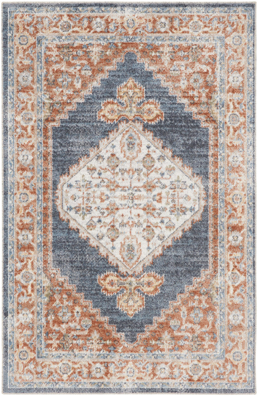 Persian-inspired area rug in orange and blue with ivory diamond center and floral border.