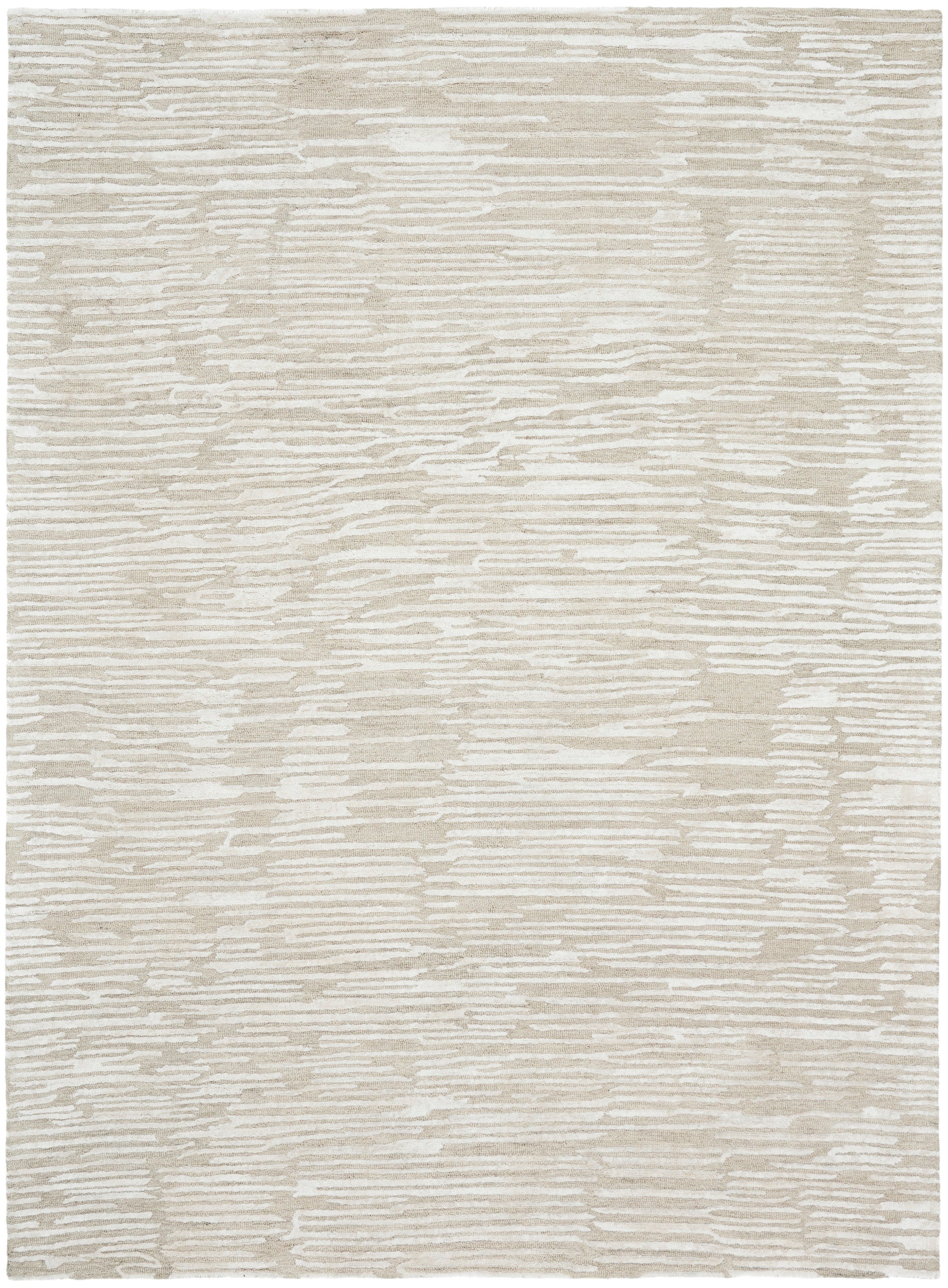 Rectangular beige & ivory rug with abstract linear pattern, soft pile, modern neutral decor.