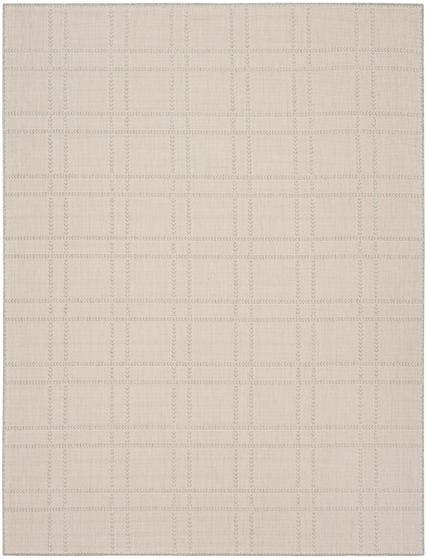 Beige woven area rug with subtle taupe grid pattern; rectangular, modern neutral style for living room or bedroom.
