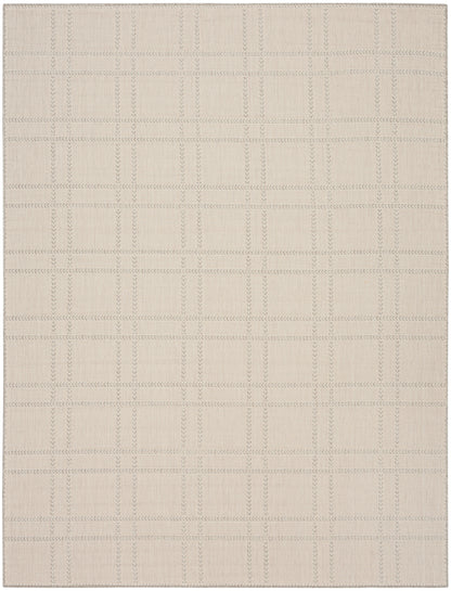 Beige woven area rug with subtle taupe grid pattern; rectangular, modern neutral style for living room or bedroom.