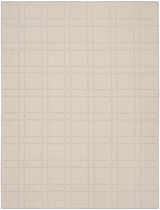 Beige woven area rug with subtle taupe grid pattern; rectangular, modern neutral style for living room or bedroom.