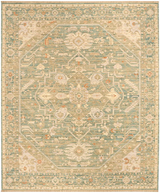 Turquoise and cream distressed vintage area rug with a central floral medallion and ornate border.
