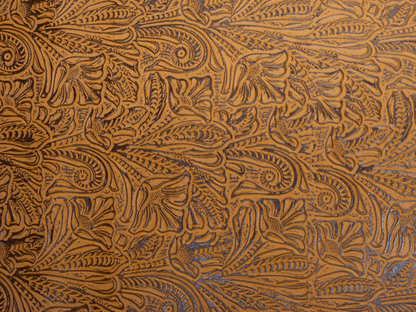 Alligator-embossed camel cowhide leather.