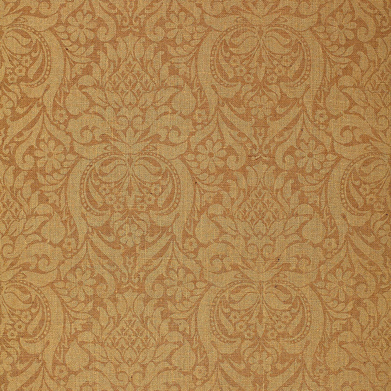 Warm beige damask upholstery fabric with ornate floral scroll pattern in earthy terracotta tones.