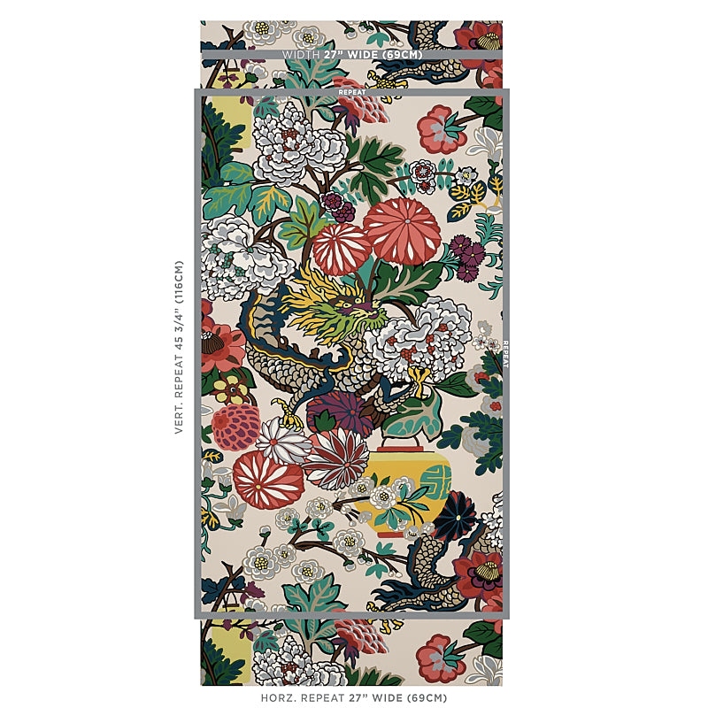 Chinoiserie floral wallpaper with dragons & peonies in red, green, teal on beige background; 27 wide sample.