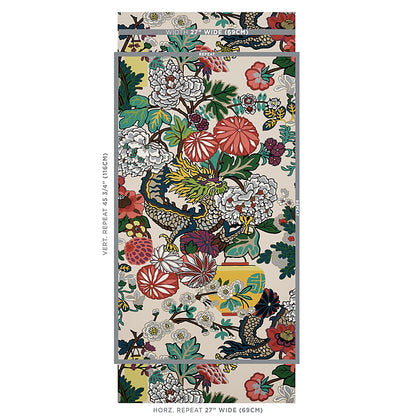 Chinoiserie floral wallpaper with dragons & peonies in red, green, teal on beige background; 27 wide sample.