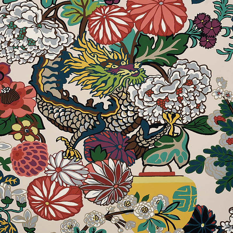 Vibrant dragon and floral motif on beige fabric with large blossoms, green leaves, dragon scales, and a yellow vase.