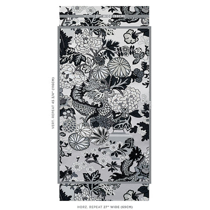 Grayscale dragon wallpaper with a repeating dragon motif; decorative wallcovering sample.