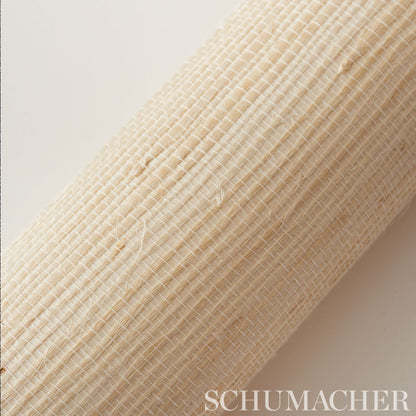 Beige woven fabric roll with tight crosshatched grid; jute-like texture, ideal for blinds or upholstery.
