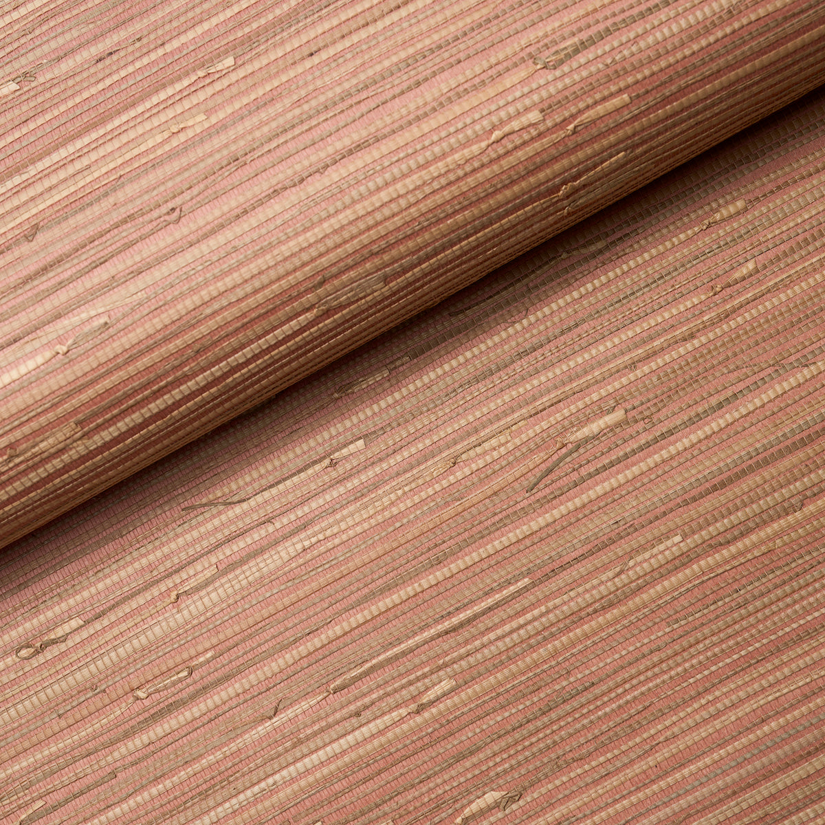 Pink-beige striped wallpaper with subtle woodgrain texture, rolled edge visible.