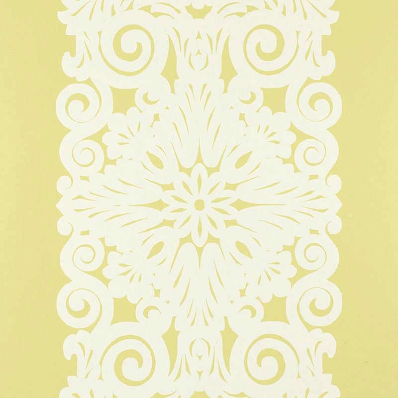 Cream stripe graphic panel on pale yellow background; decorative wallpaper panel with a graphic stripe motif.