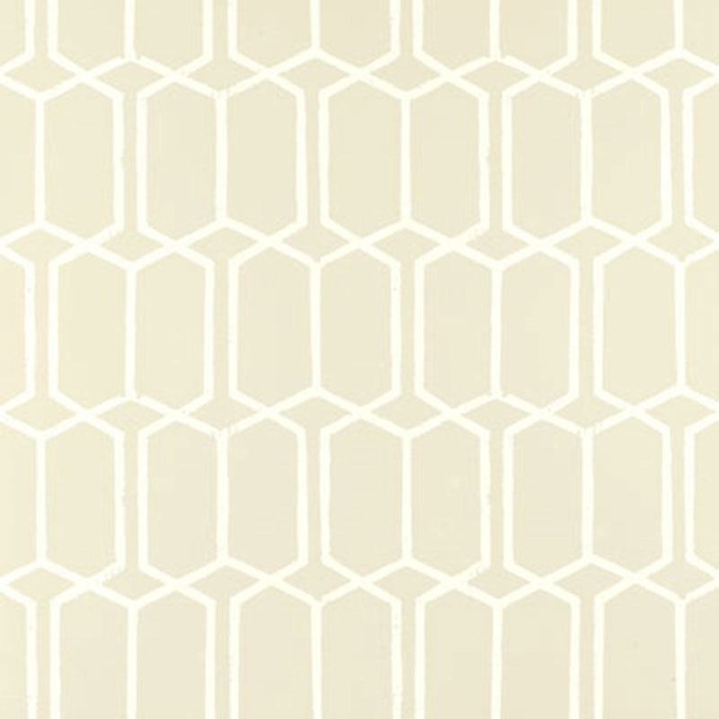 Beige wallpaper featuring a white elongated hexagon lattice pattern.