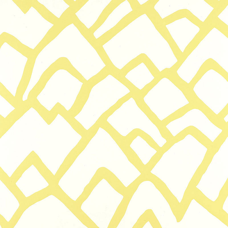 Yellow geometric lattice pattern with rounded-square shapes on ivory background, retro wallpaper style.