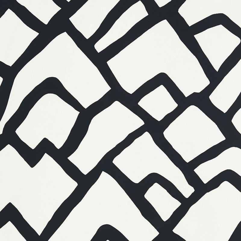Abstract black interlocking square shapes on cream background; modern wallpaper or textile design.