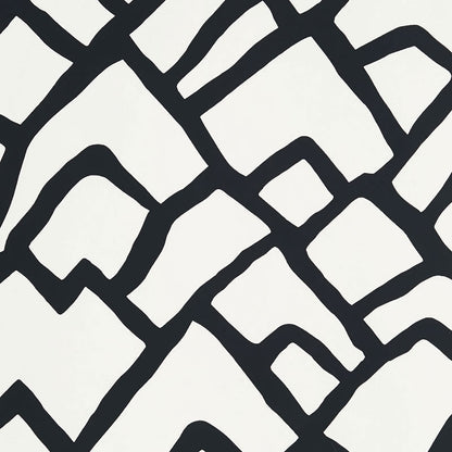 Abstract black interlocking square shapes on cream background; modern wallpaper or textile design.