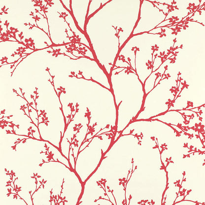 Cream wallpaper with red botanical tree-branch pattern and small blossoms.