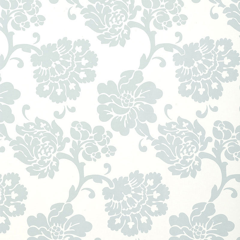 Pale blue damask floral wallpaper pattern on white background.