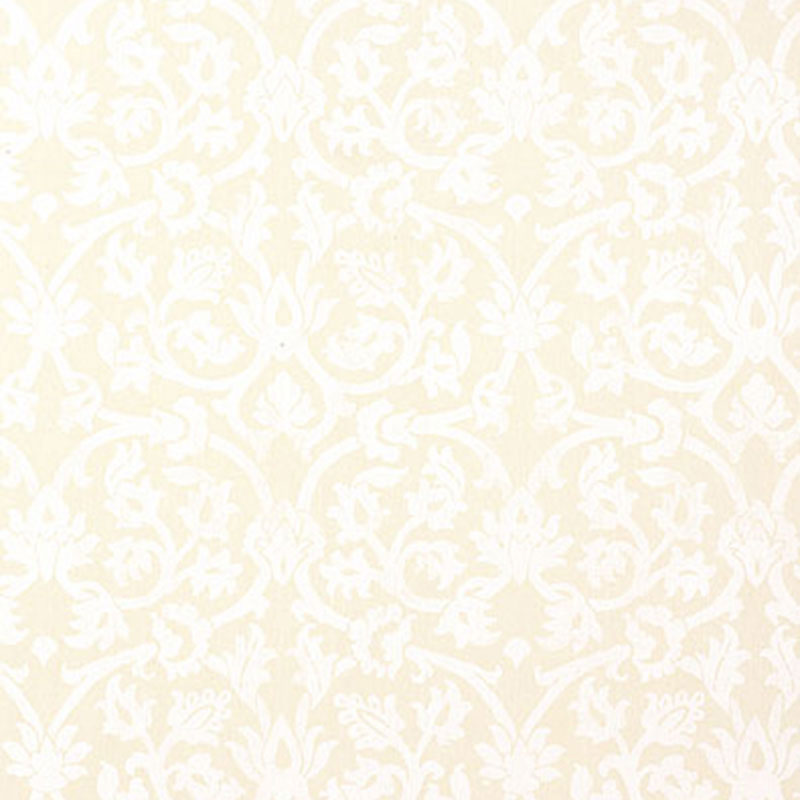 Ivory damask wallpaper with white floral scroll pattern, vintage style for walls.