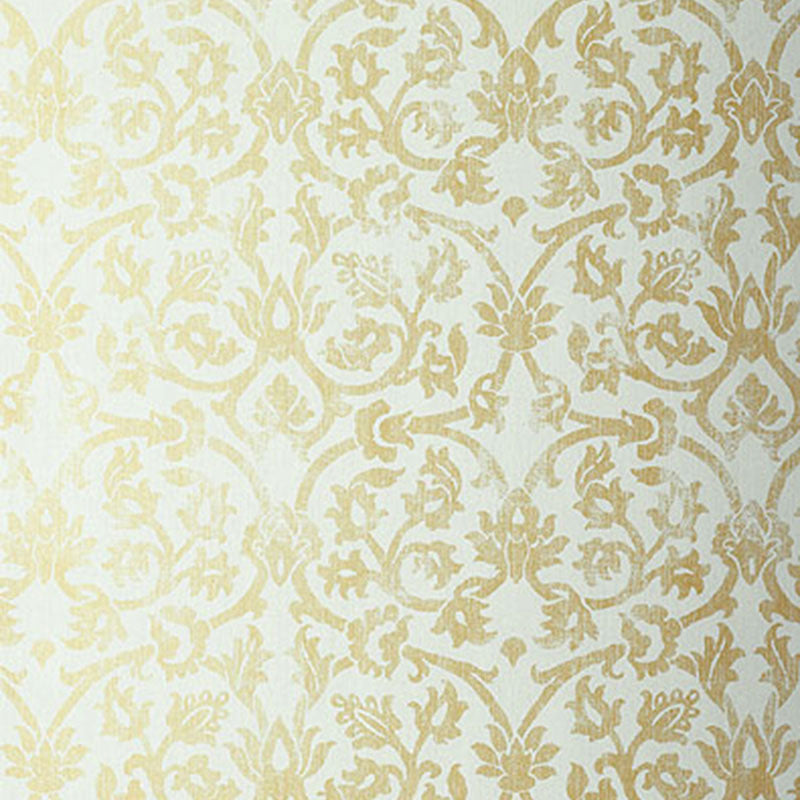 Gold damask pattern on pale cream background, ornate floral scroll design for classic home decor.