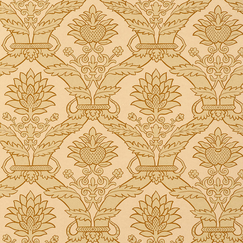 Golden-brown damask wallpaper with ornate floral and leaf motifs on beige background.