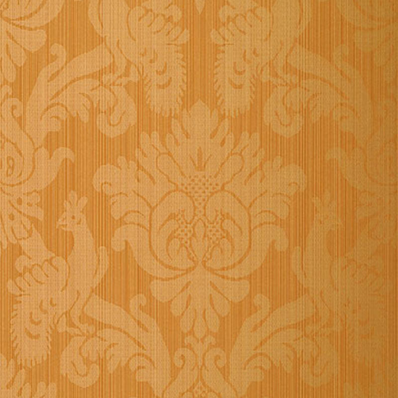 Warm orange damask wallpaper with subtle vertical stripes and ornate floral motifs.