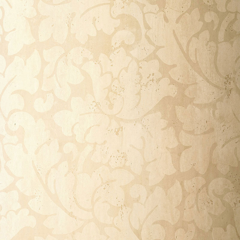 Beige damask wallpaper with cream floral scroll pattern and subtle texture.