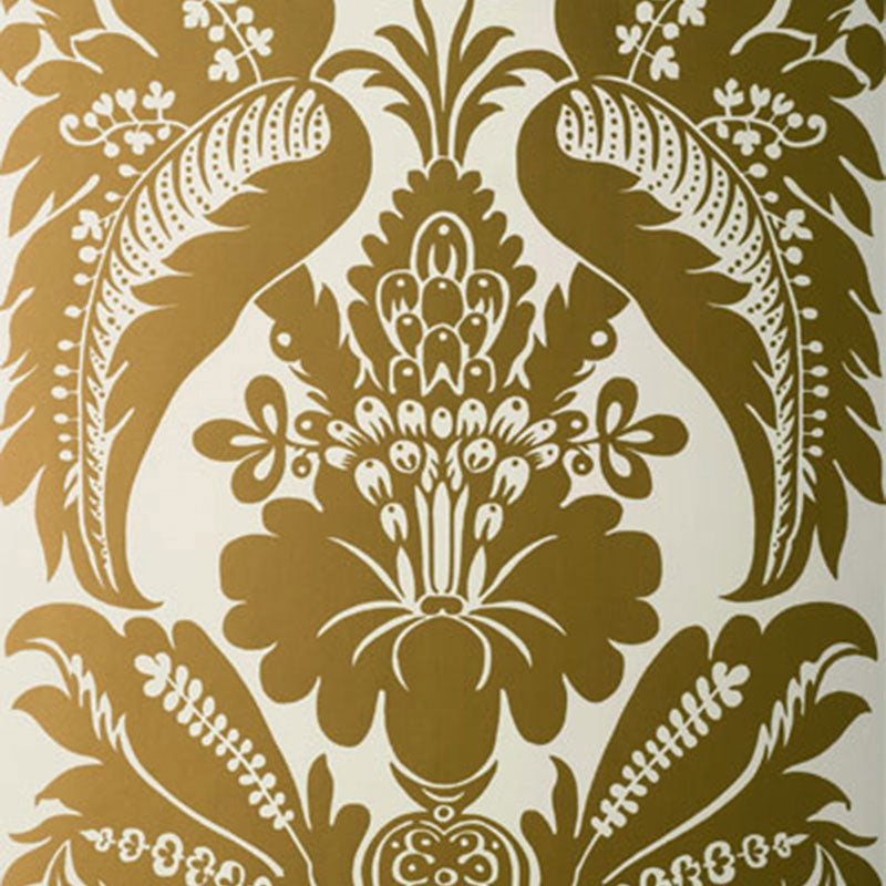 Gold damask floral pattern on cream background; ornate symmetrical wallpaper or upholstery fabric.