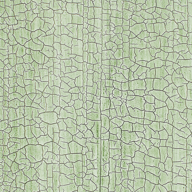 Close-up of lime-green chipped paint on weathered wooden boards with prominent cracks and a seam.