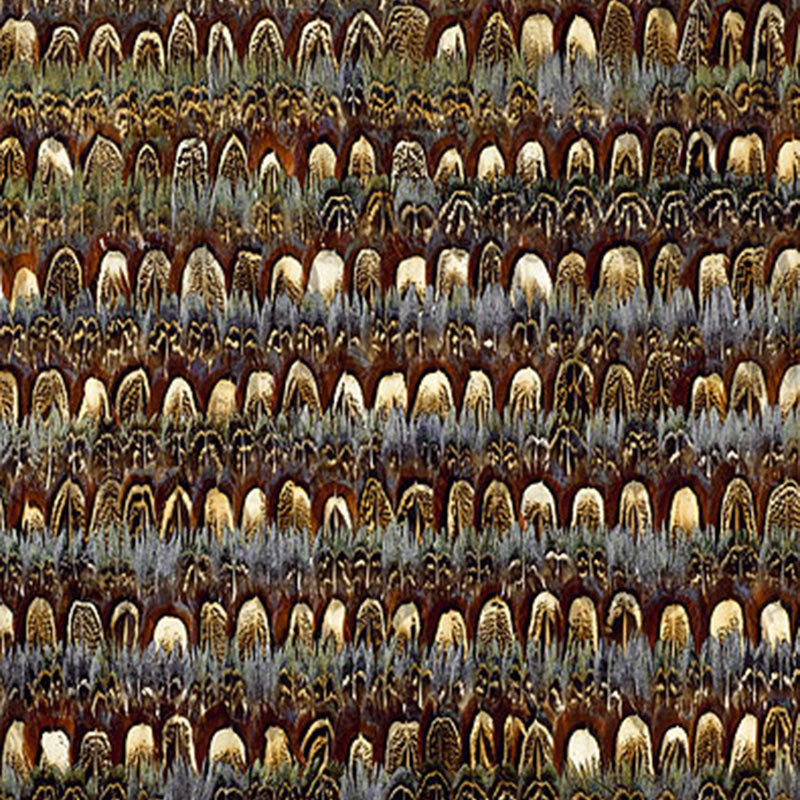 Overlapping scallop arches in warm browns, golds, and greens forming a dense, repeating wallpaper pattern.