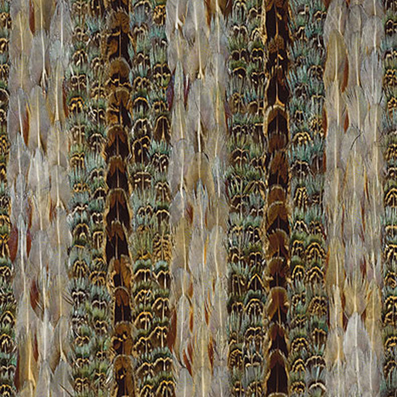 Earth-toned fabric with vertical brown, green and gold stripes and leaf-like motifs.