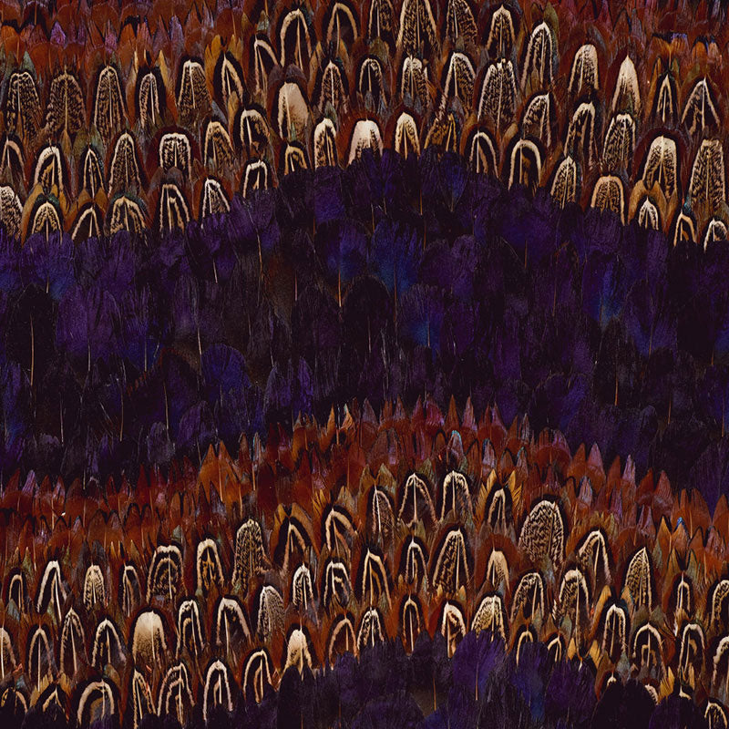 Abstract pattern of arch-shaped, feather-like motifs in ultramarine with warm neutrals and purple accents.