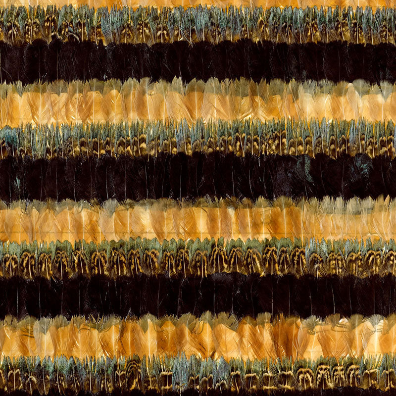 Horizontal striped textile with gold, black, & teal bands; feathered, tufted pattern for upholstery or fashion fabric