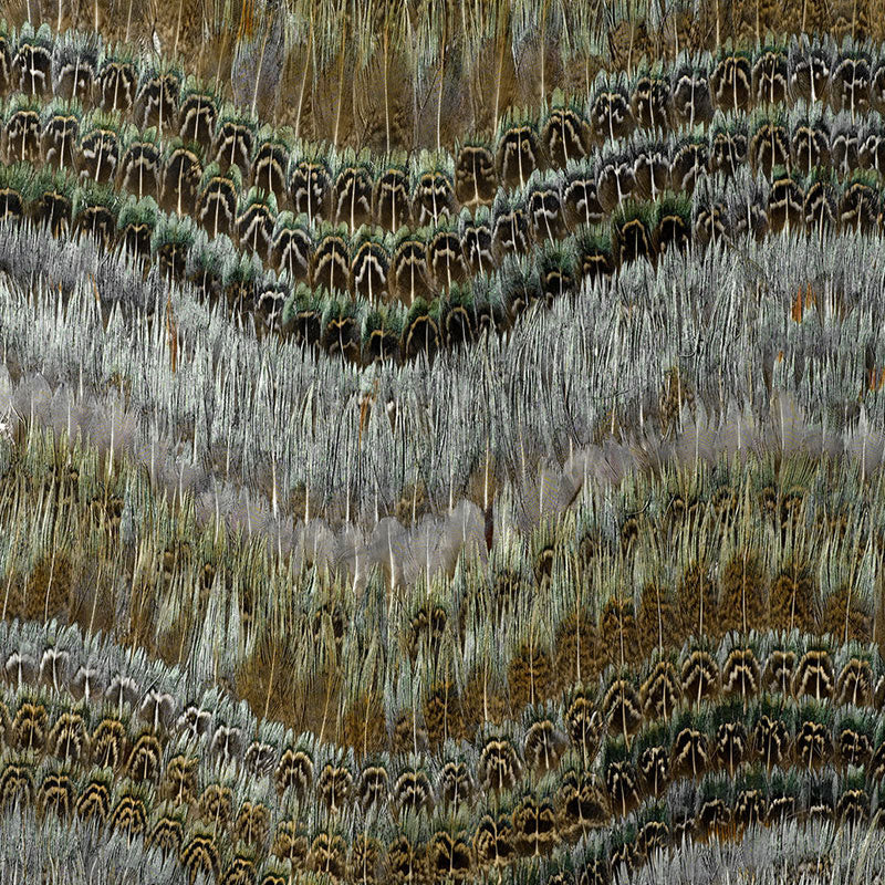 Feathered chevron fabric in teal, olive, brown and gray; abstract textile for upholstery or decor.