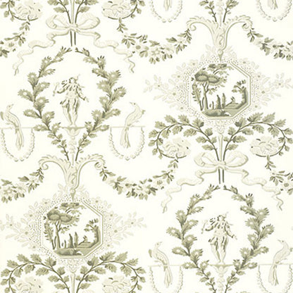 Vintage toile wallpaper pattern in ivory and sage green with ornate garlands, ribbons, and hexagonal pastoral medallions.