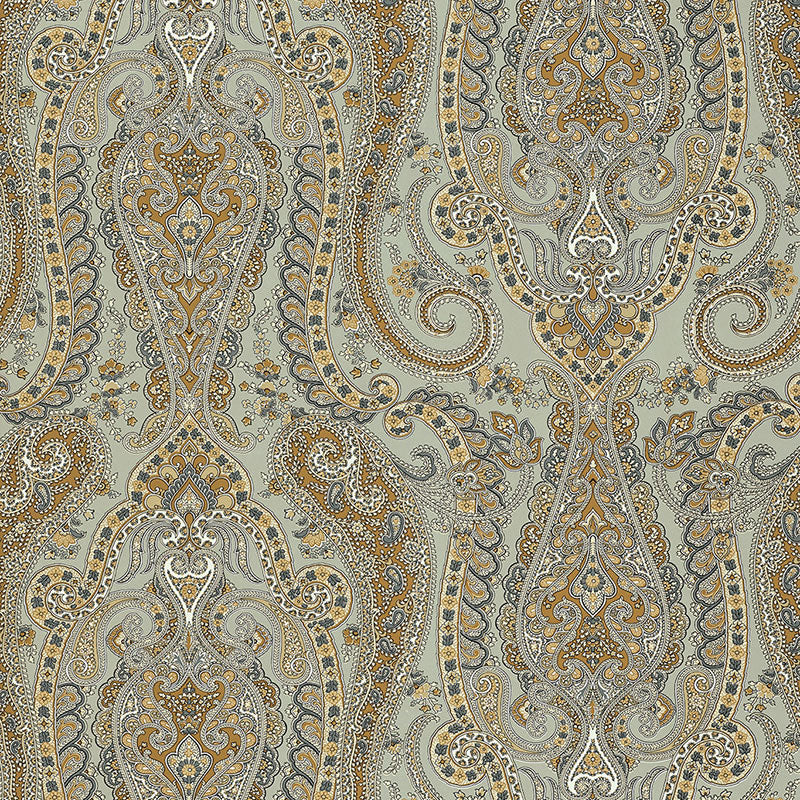 Intricate paisley damask fabric in gold, ivory, and sage gray-blue tones; ornate scrolling pattern for upholstery or drapery.