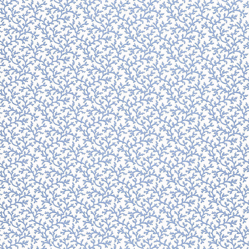 White background with a repeating pale blue coral vine pattern, suitable for fabric or wallpaper.