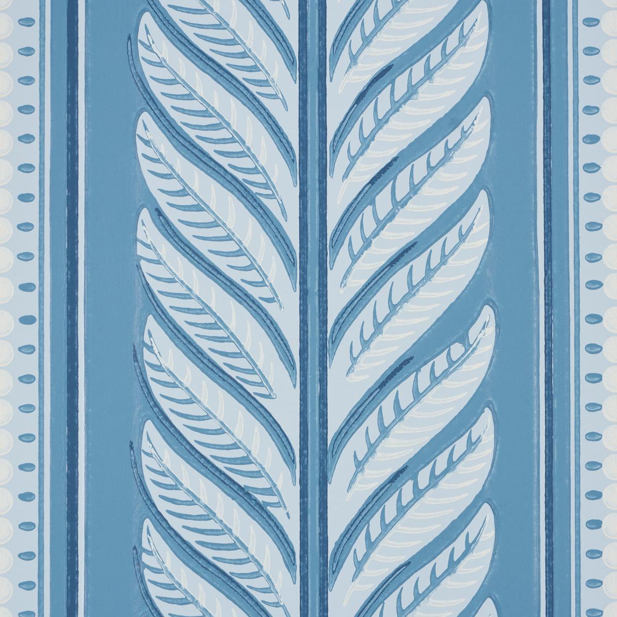 Schumacher Hydrangea Drape Wallpaper in Delft featuring large-scale hydrangea floral stripe design with ornate border in soft blue tones. Luxury designer wallpaper ideal for elegant interiors, dining rooms, bedrooms, hallways, powder rooms, and statement accent walls inspired by classic Hollywood decor.