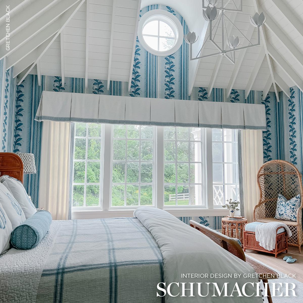 Schumacher Hydrangea Drape Wallpaper in Delft featuring large-scale hydrangea floral stripe design with ornate border in soft blue tones. Luxury designer wallpaper ideal for elegant interiors, dining rooms, bedrooms, hallways, powder rooms, and statement accent walls inspired by classic Hollywood decor.