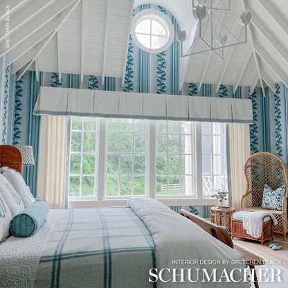 Schumacher Hydrangea Drape Wallpaper in Delft featuring large-scale hydrangea floral stripe design with ornate border in soft blue tones. Luxury designer wallpaper ideal for elegant interiors, dining rooms, bedrooms, hallways, powder rooms, and statement accent walls inspired by classic Hollywood decor.